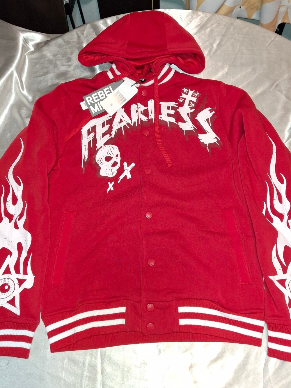 NWT Rebel Minds Fearless Red Fleece Varsity Jacket Graphic Hooded Streetwear SM